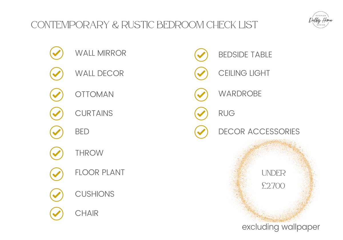 Contemporary & Rustic Bedroom Design Concept Board & Shopping list (Digital)