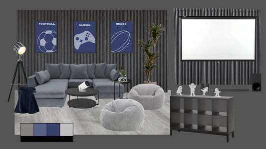 Cosy Contemporary Media Room Design Board & Shopping list (Digital)